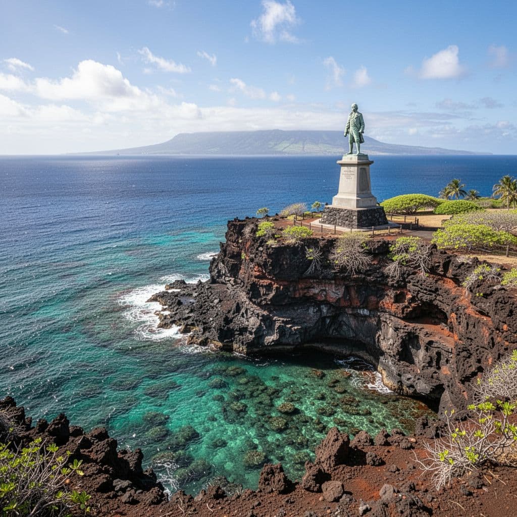 The white obelisk of the Captain Cook Monument stands against jagged volcanic cliffs at Kealakekua Bay. Bright turquoise water laps at the rocky shoreline under a vibrant tropical sunny sky.