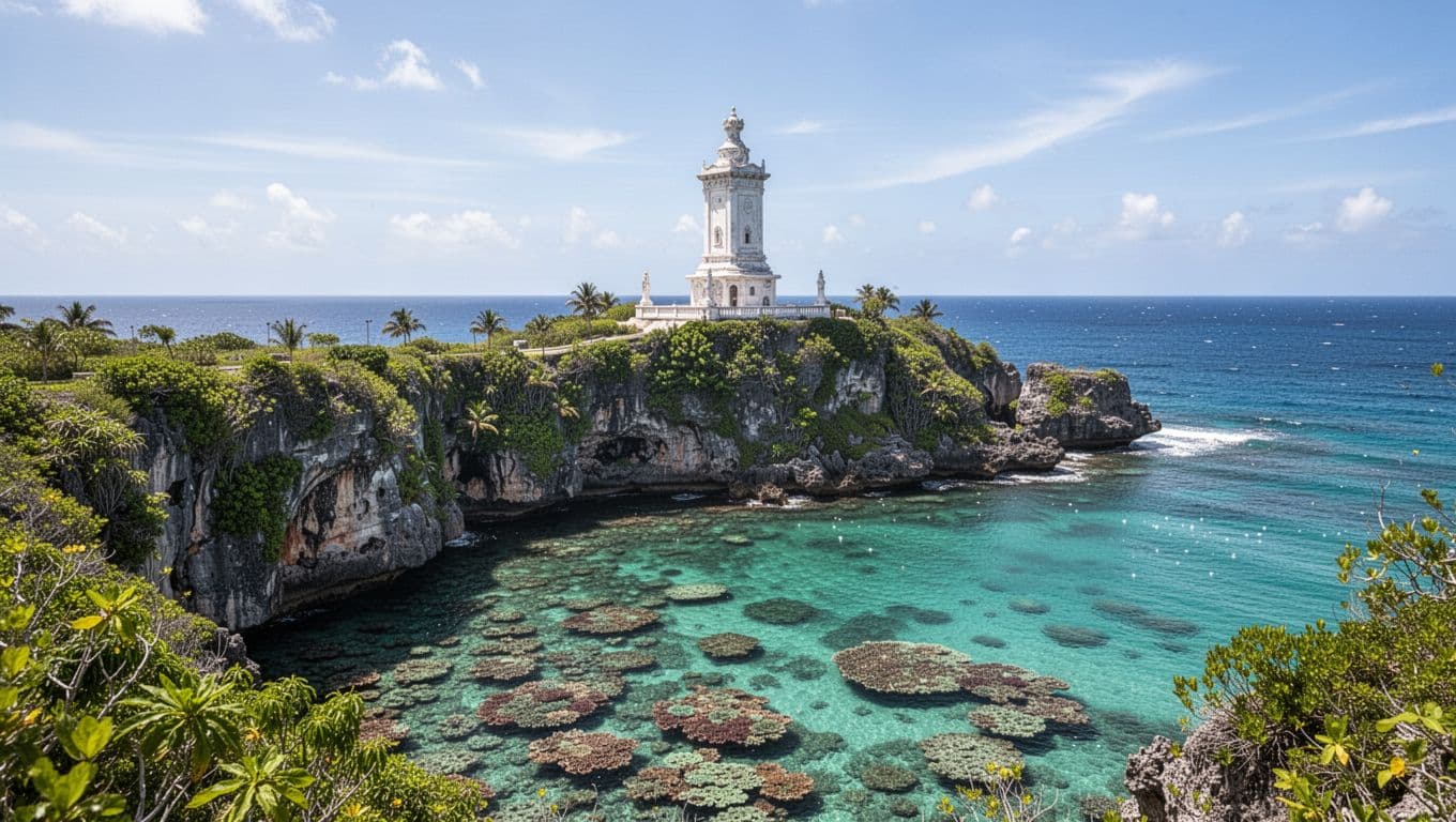 The historic white monument stands prominently on lush green cliffs overlooking the turquoise waters of Kealakekua Bay. Beneath the calm surface, vibrant coral reefs are clearly visible through the clear ocean.