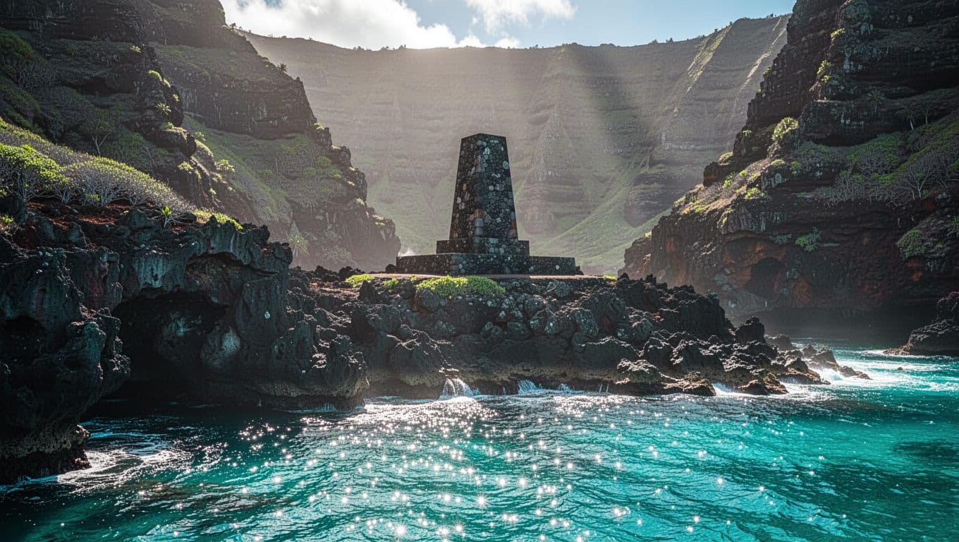 The white obelisk monument stands prominently on the jagged volcanic shoreline of Kealakekua Bay. Bright turquoise ocean waves lap against the dark rocks under dramatic lighting conditions in rural Hawaii.
