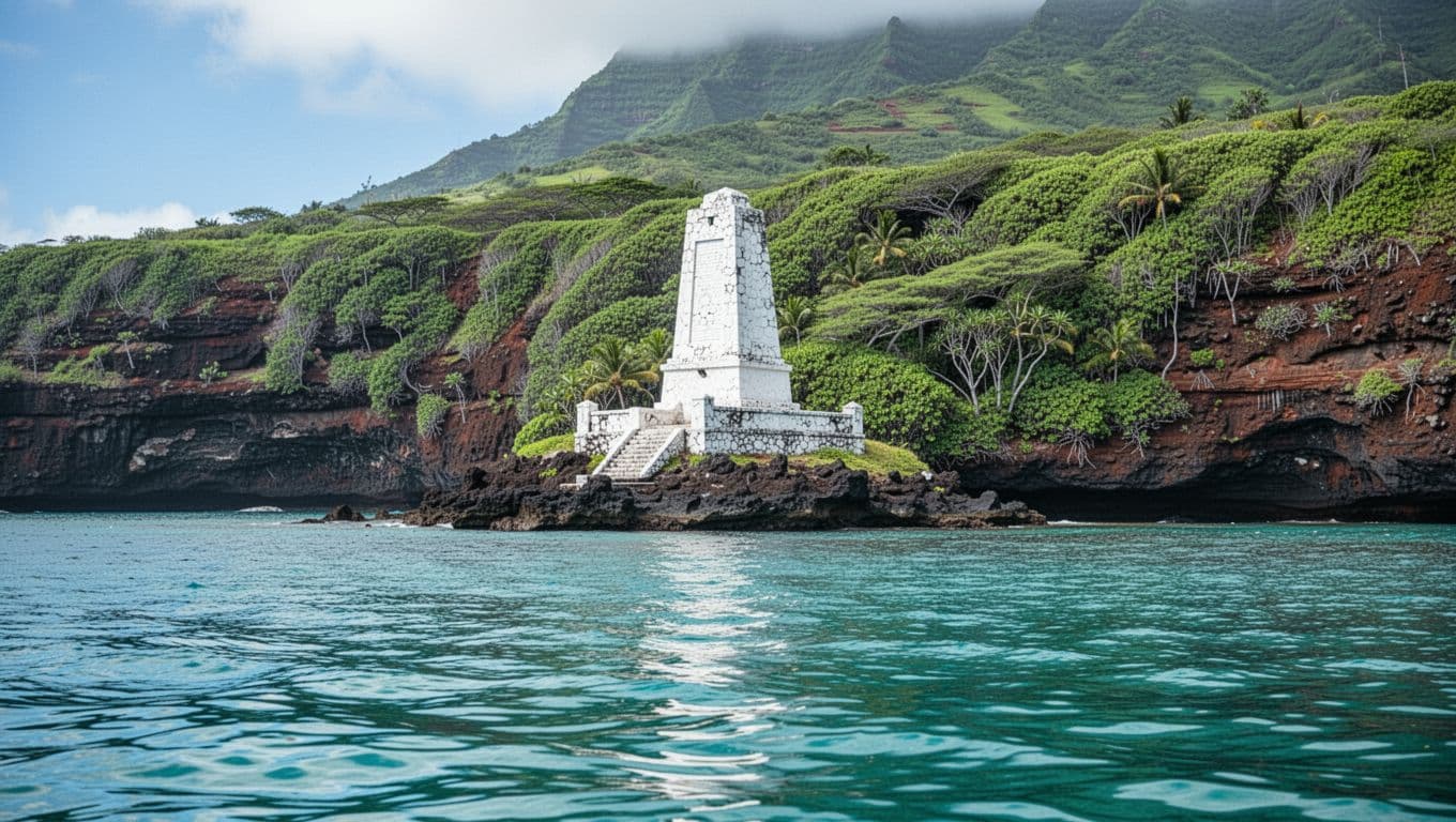 The white obelisk of the Captain Cook Monument stands prominently atop a vibrant green cliff overlooking the deep blue waters of Kealakekua Bay under a bright and clear tropical sky.