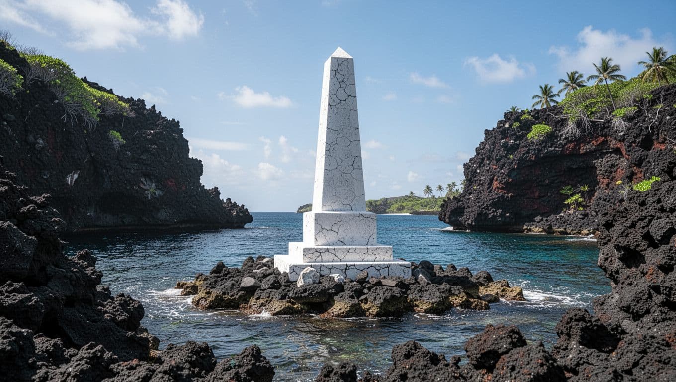 White Captain Cook Monument on volcanic rocks beside calm blue water in Kealakekua Bay.