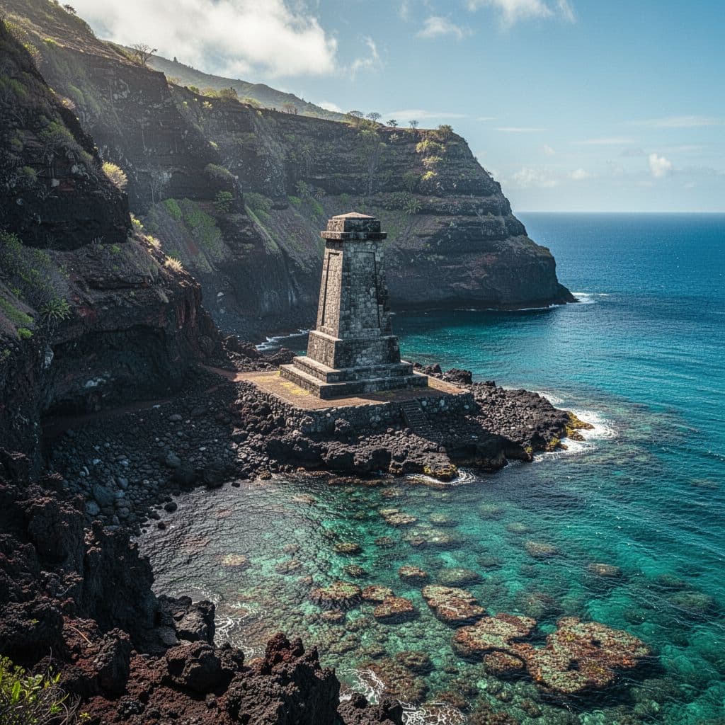 The white obelisk monument stands on a remote, rocky shoreline surrounded by sheer, inaccessible volcanic cliffs.