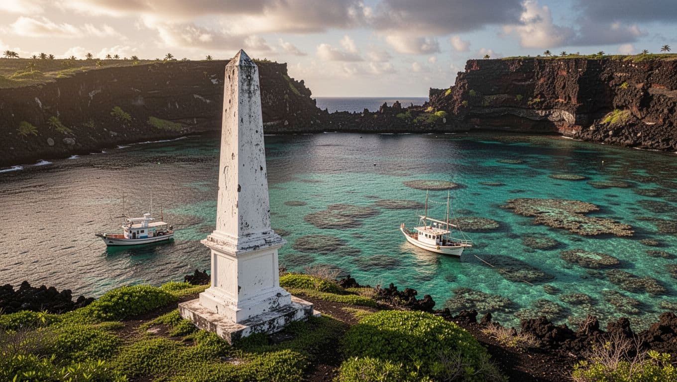 White obelisk on green shore of Kealakekua Bay, anchored boat over turquoise waters with visible coral reefs, distant lava cliffs.