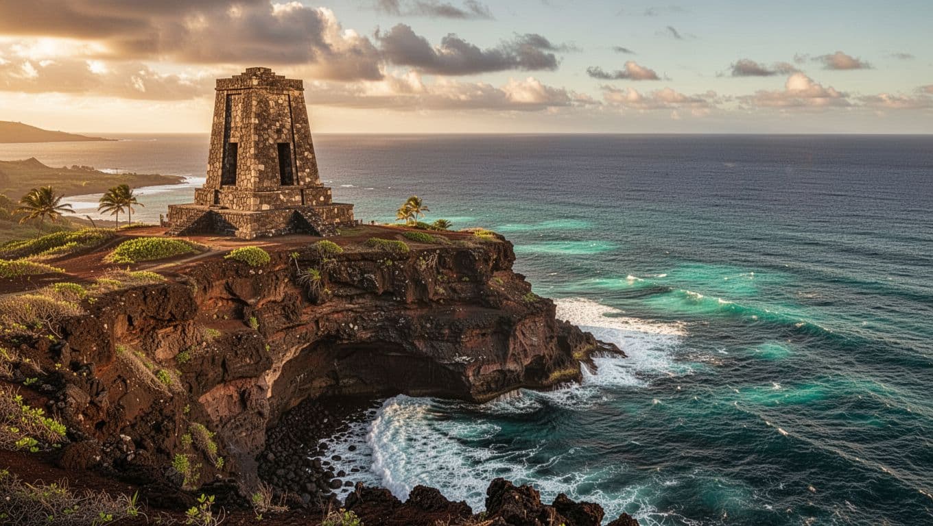 Captain Cook Monument on rocky cliff overlooks turquoise Kealakekua Bay at golden hour.