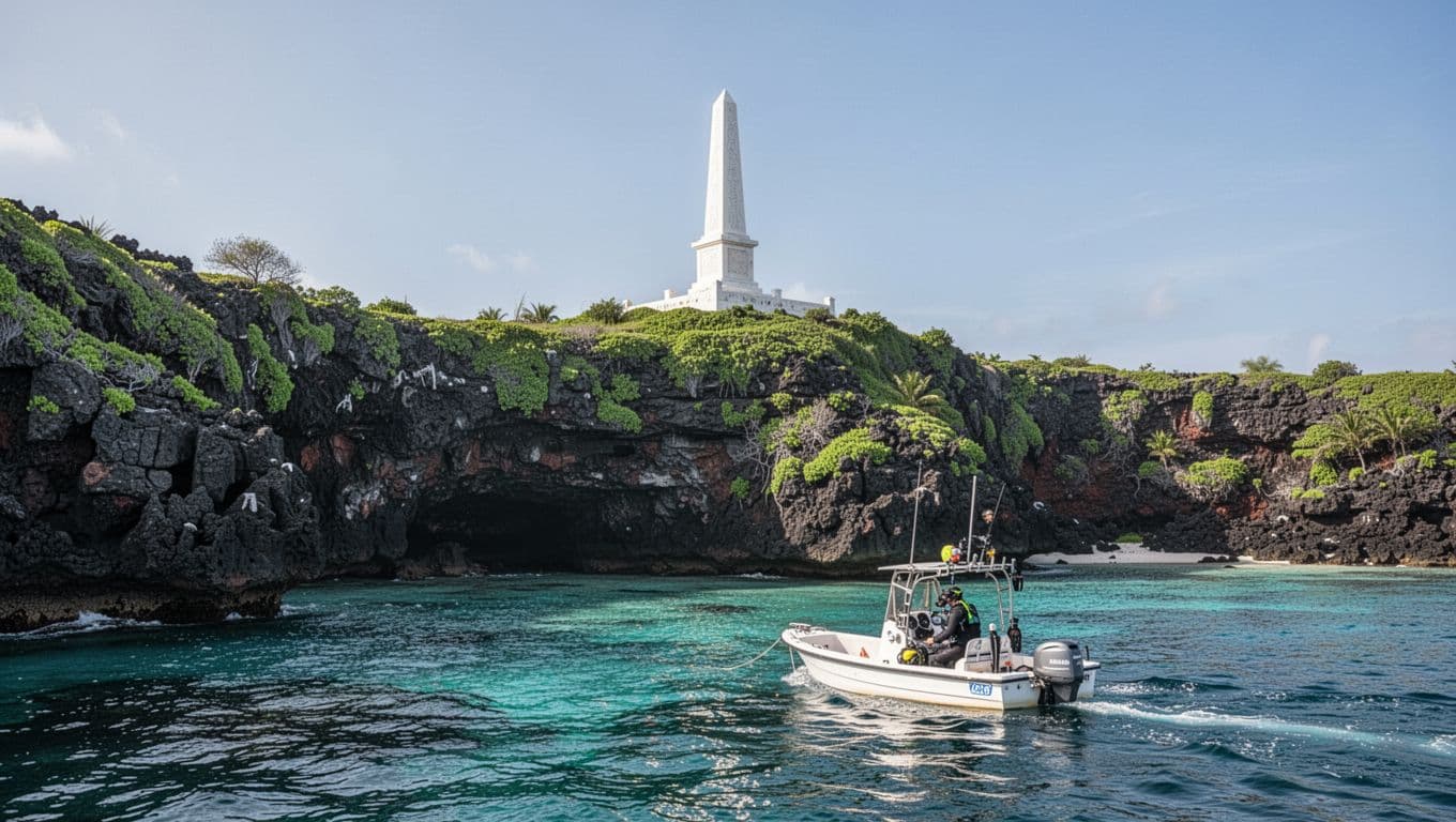 White obelisk monument on green lava cliffs above turquoise Kealakekua Bay, viewed from nearby snorkel boat in morning light.