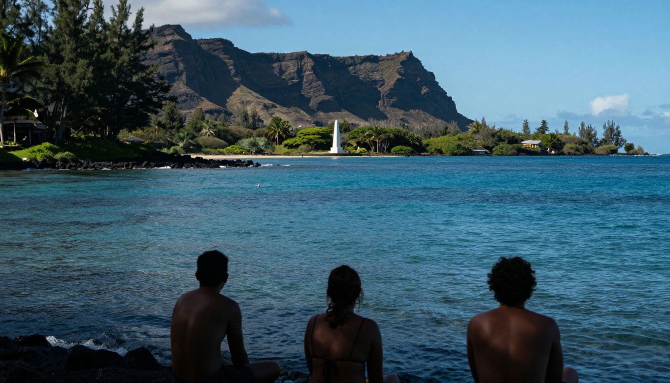 Three swimmers face the white Captain Cook Monument across a clear Hawaiian bay.