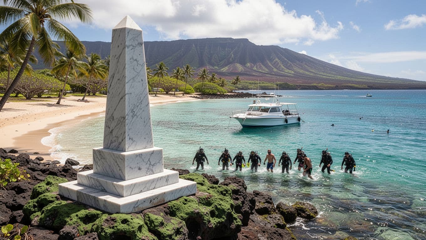 White obelisk monument on green rocky shore of Kealakekua Bay with clear turquoise waters, pristine beach, palm trees, and anchored snorkel boat with passengers entering water under dramatic midday lighting.