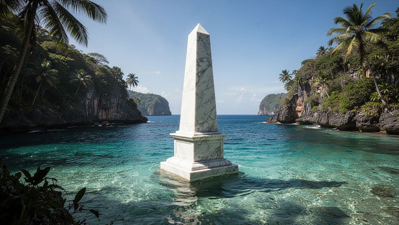 White obelisk of Captain Cook monument seen from clear turquoise waters of Kealakekua Bay amid tropical landscape.