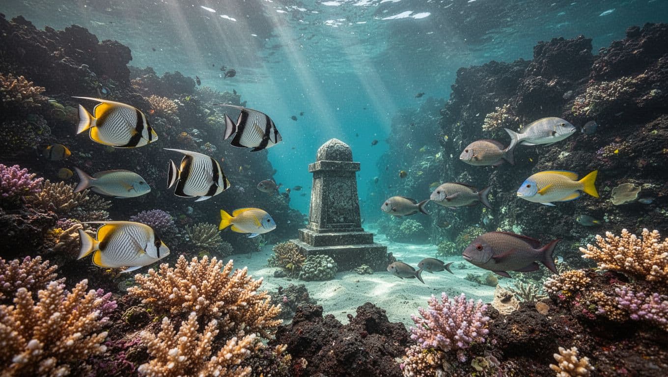 Butterflyfish, surgeonfish, and parrotfish swim among corals near lava cliffs and Captain Cook Monument in turquoise waters.