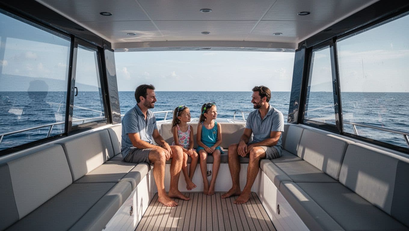 Interior view of snorkel boat cabin on Captain Cook cruise with three family passengers seated comfortably in the middle shaded area, chatting near gear, ocean through windows on calm waters in cinematic style.
