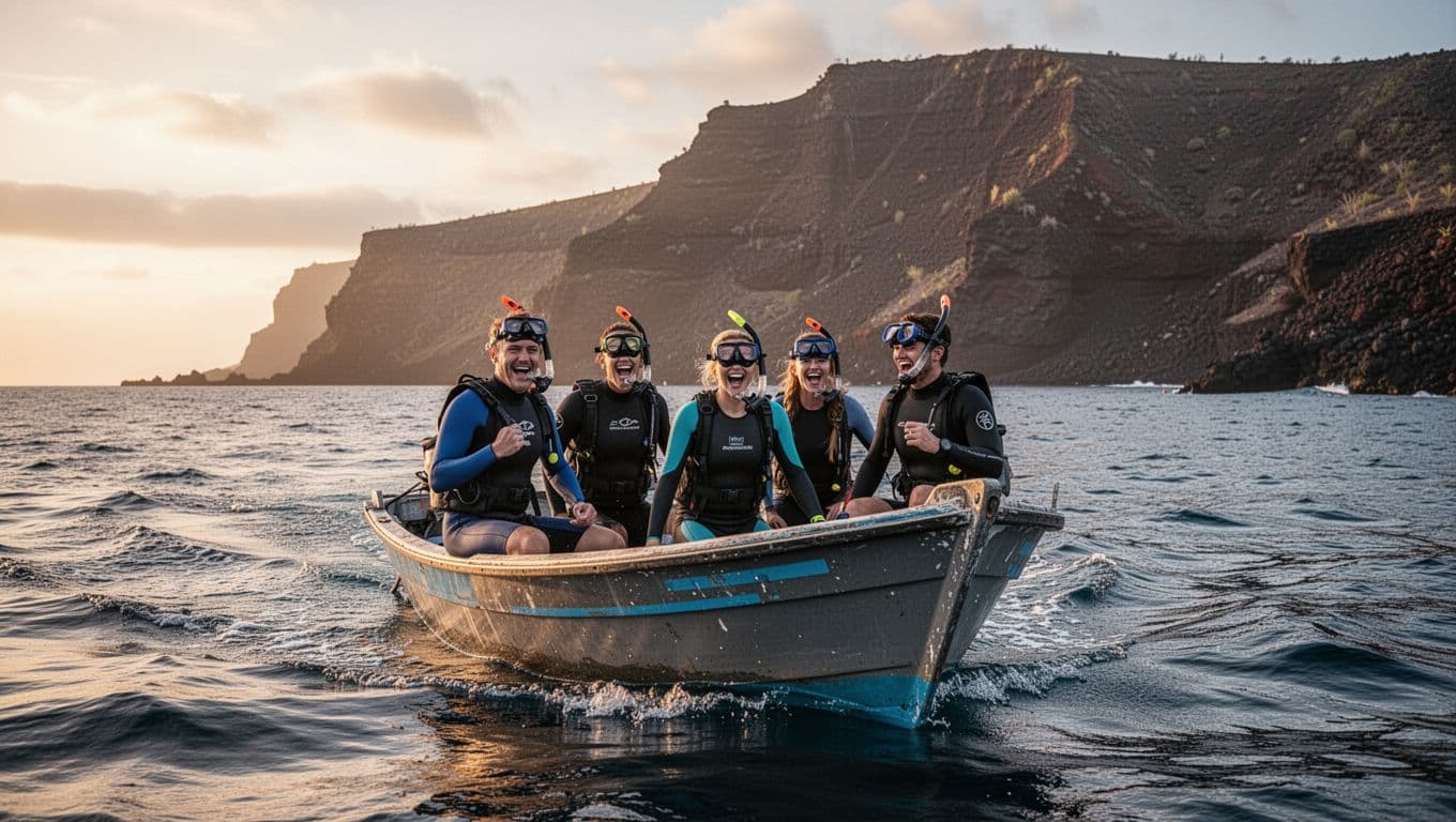 A small group of four adventurers—two crew and two guests—with excited faces wearing snorkel gear, travels by boat at dawn toward a snorkel spot, featuring a volcanic coastline, gentle waves, and cinematic dramatic lighting.