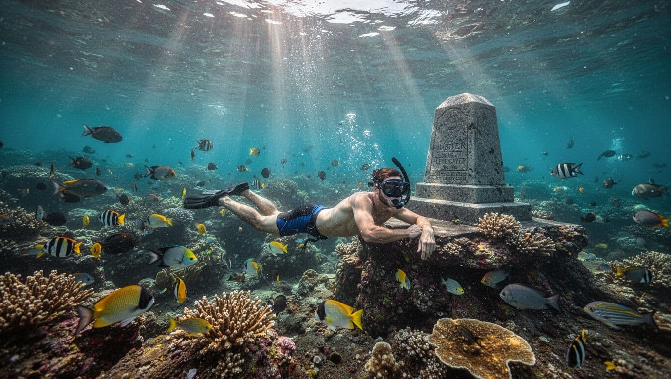 Vibrant underwater scene of a snorkeler exploring colorful coral reefs and tropical fish near Hawaii's Captain Cook Monument in turquoise waters with dramatic sunlight rays.