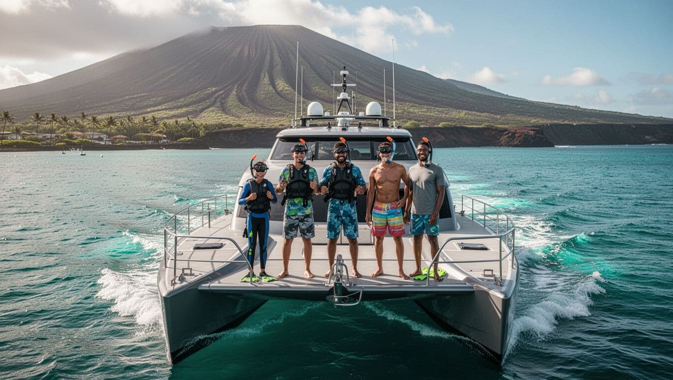 Small power catamaran boat with a family of five departing Honokohau Harbor, Kona, Big Island, Hawaii, in the morning for a Captain Cook snorkel tour. Passengers smile and prepare snorkel gear on deck amid calm turquoise waters, volcanic coastline, and dramatic cinematic lighting.
