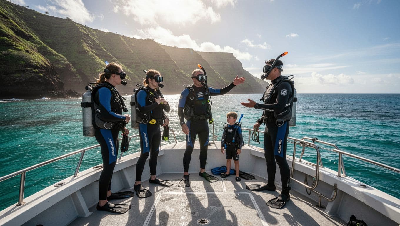 A small group of three snorkelers—two adults and one child—relax on a boat preparing their gear near Kealakekua Bay, with turquoise waters, green cliffs, and the captain pointing to the horizon under dramatic sunny lighting.