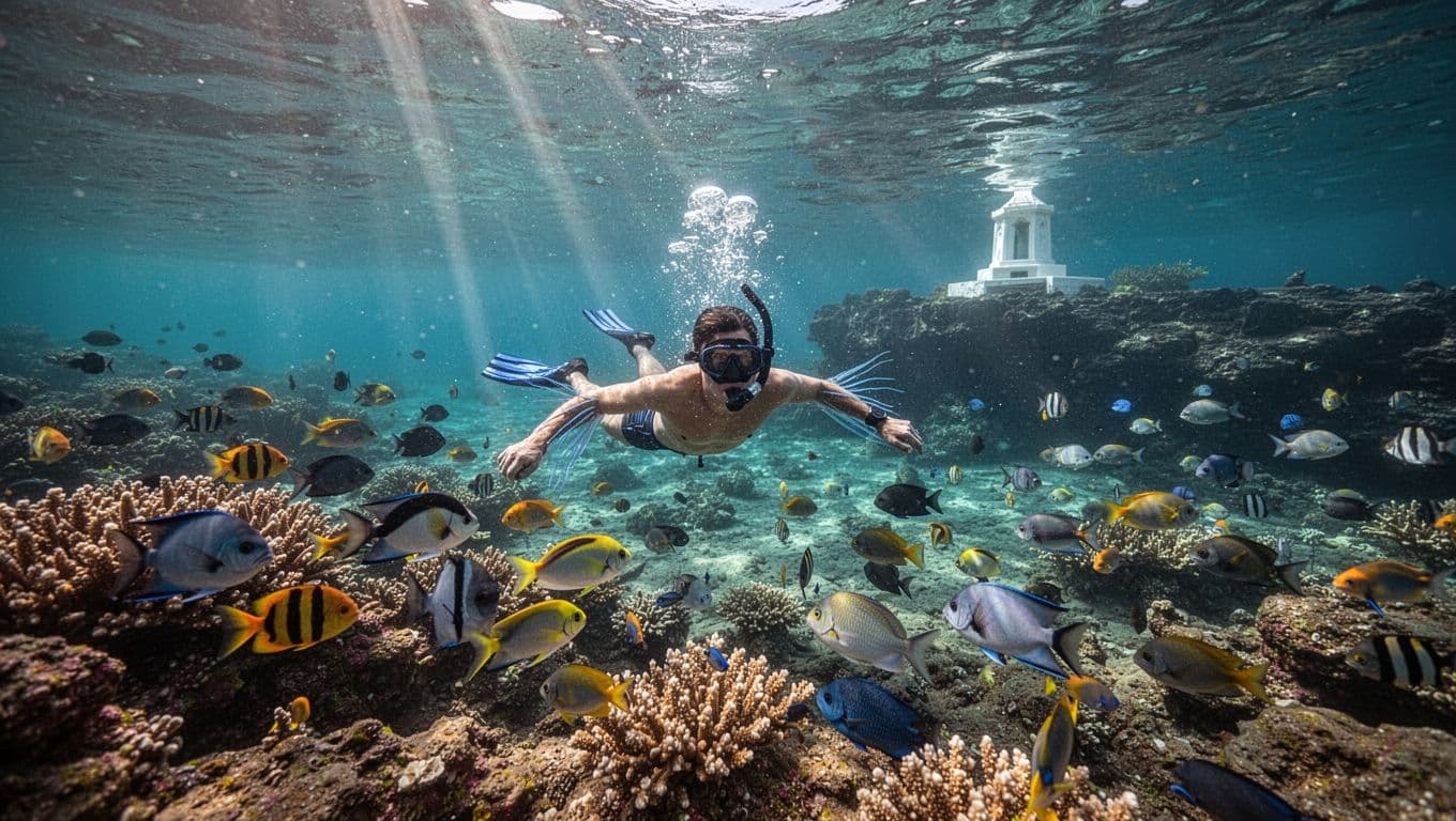 A solo snorkeler swims above a vibrant coral reef teeming with colorful tropical fish near the white Captain Cook monument on the rocky shore of crystal-clear turquoise ocean water in Kealakekua Bay, Hawaii.