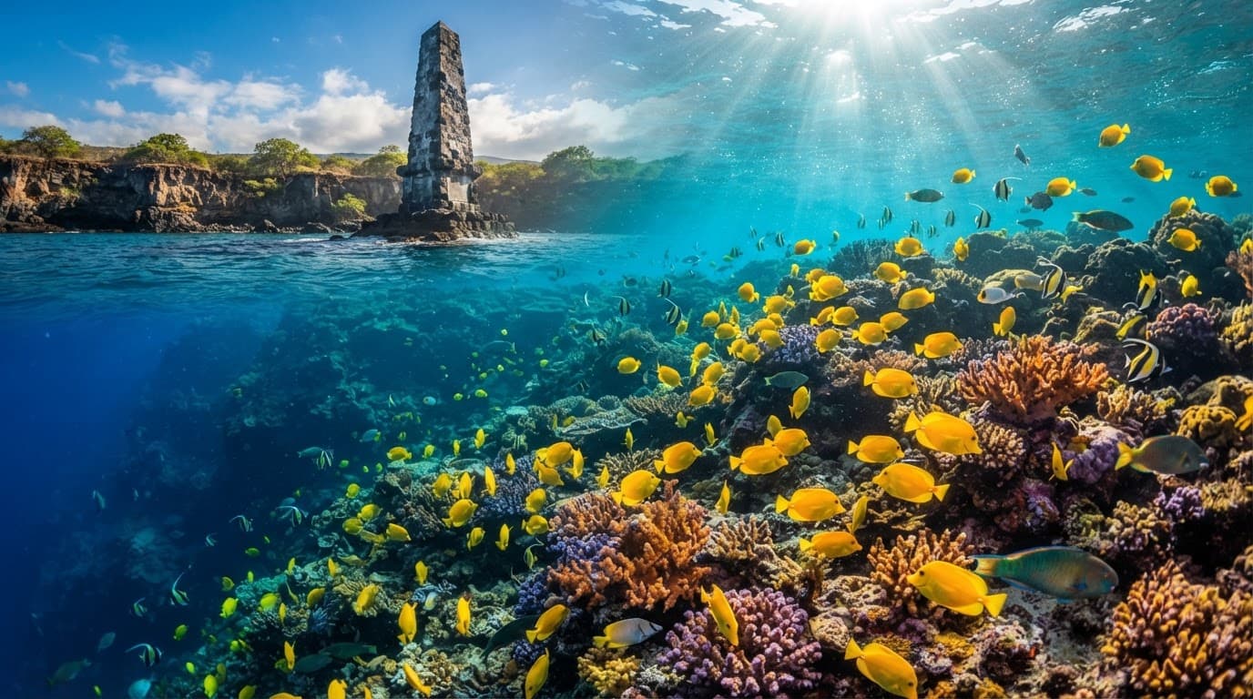 Yellow tang fish swim above coral near the Captain Cook monument.