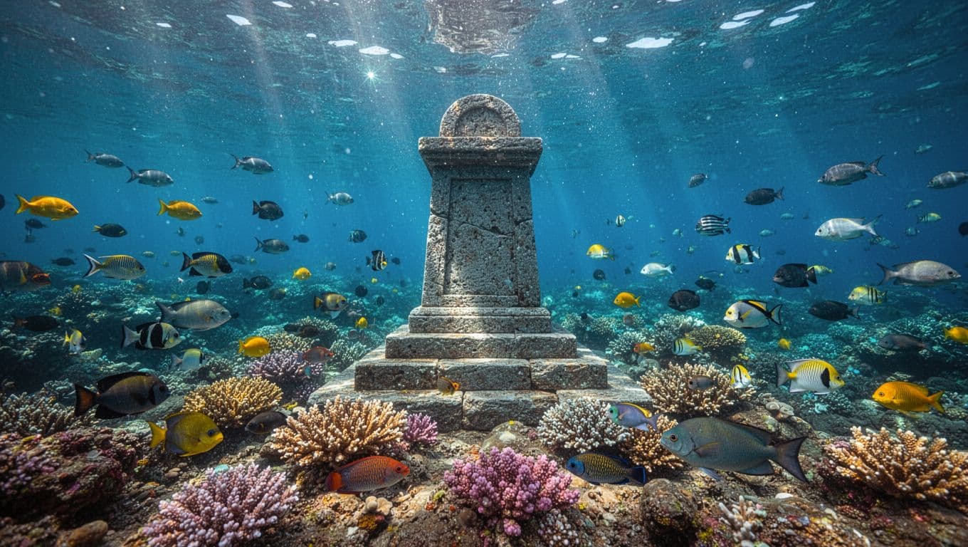 Bright sunlight illuminates a flourishing coral reef filled with schools of vibrant tropical fish. The crystal clear blue waters of the Hawaiian coast reveal intricate marine textures and deep ocean shadows.