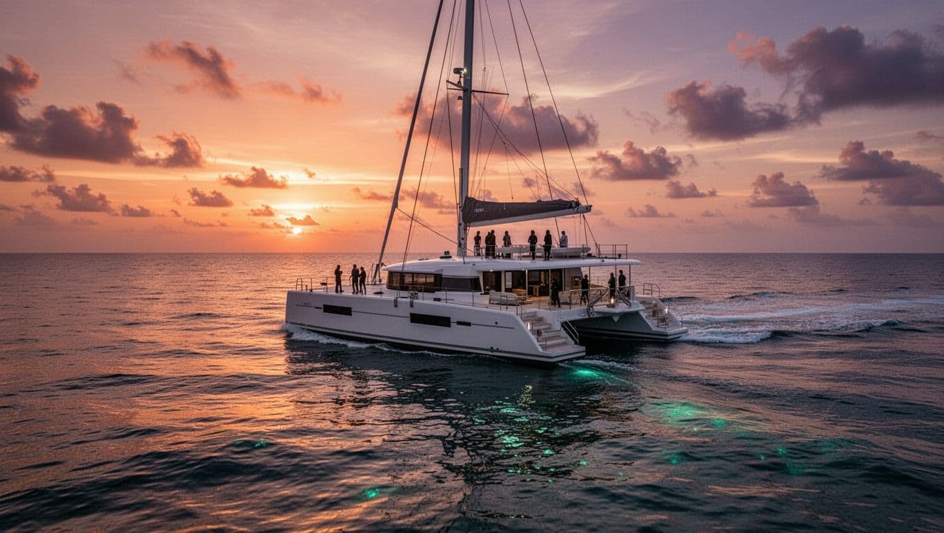 A large catamaran sails on calm water under a vibrant orange and purple sunset sky.