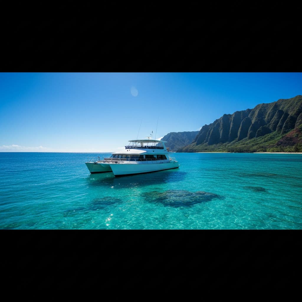 A sleek double-decker catamaran drifts across vibrant turquoise water under a clear blue sky. In the background, the lush green coastline of a Hawaiian island rises above the calm ocean surface.