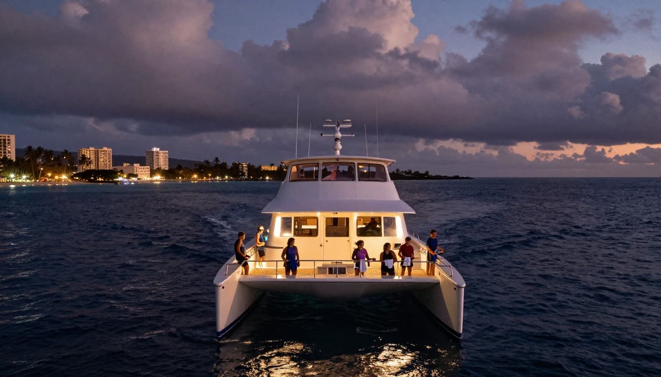 Sleek catamaran leaves Honokohau Harbor in Kona at twilight with six passengers on deck.