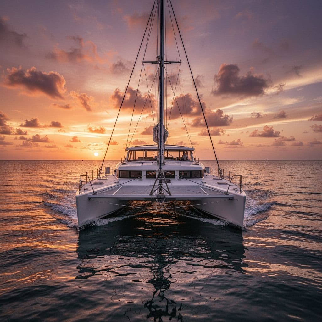 A white catamaran drifts across calm water under a vibrant orange and purple sky. Soft golden light illuminates the empty teak deck, creating a tranquil atmosphere during the late evening hours.