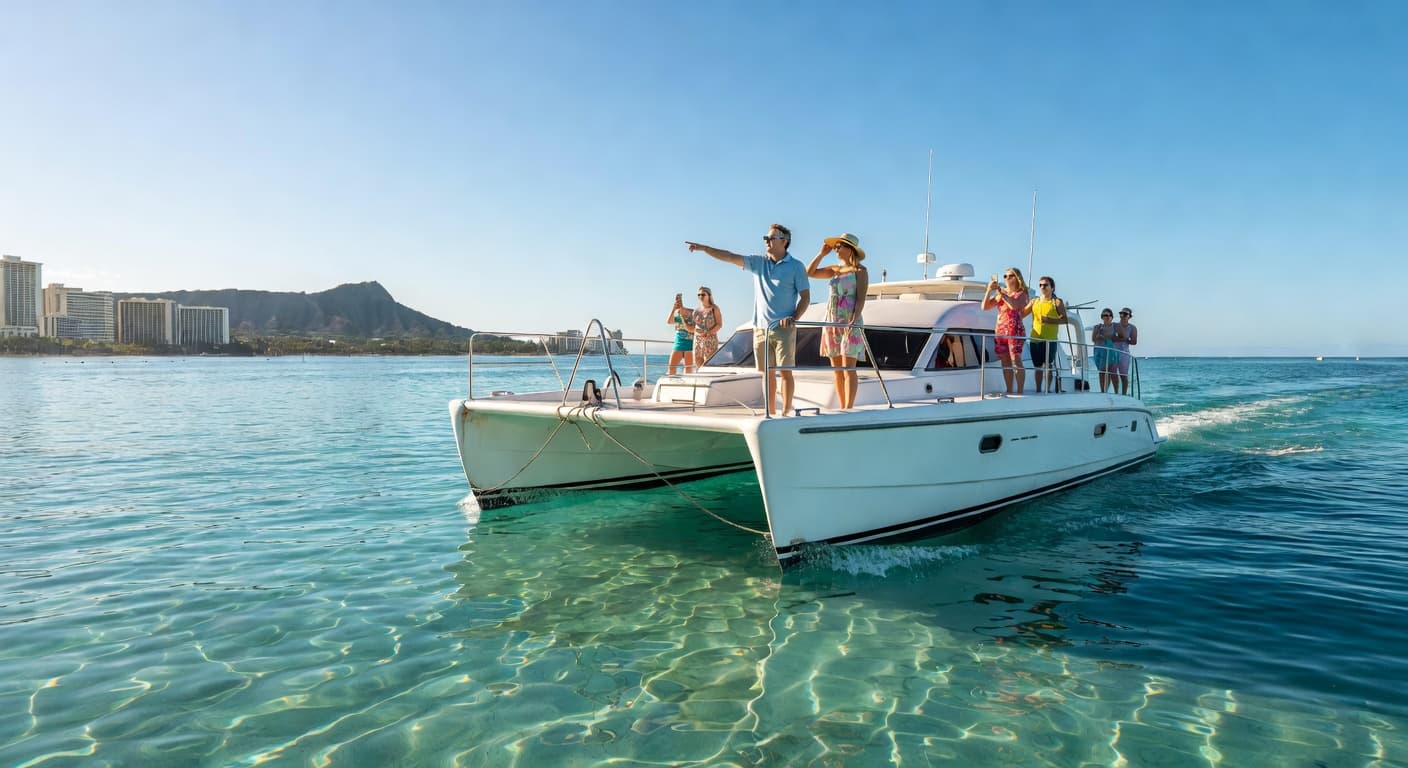 A sleek white catamaran glides through vibrant turquoise water off the Waikiki coastline. The sun sparkles across the Pacific surface under a vast, cloudless blue sky during a bright morning excursion.