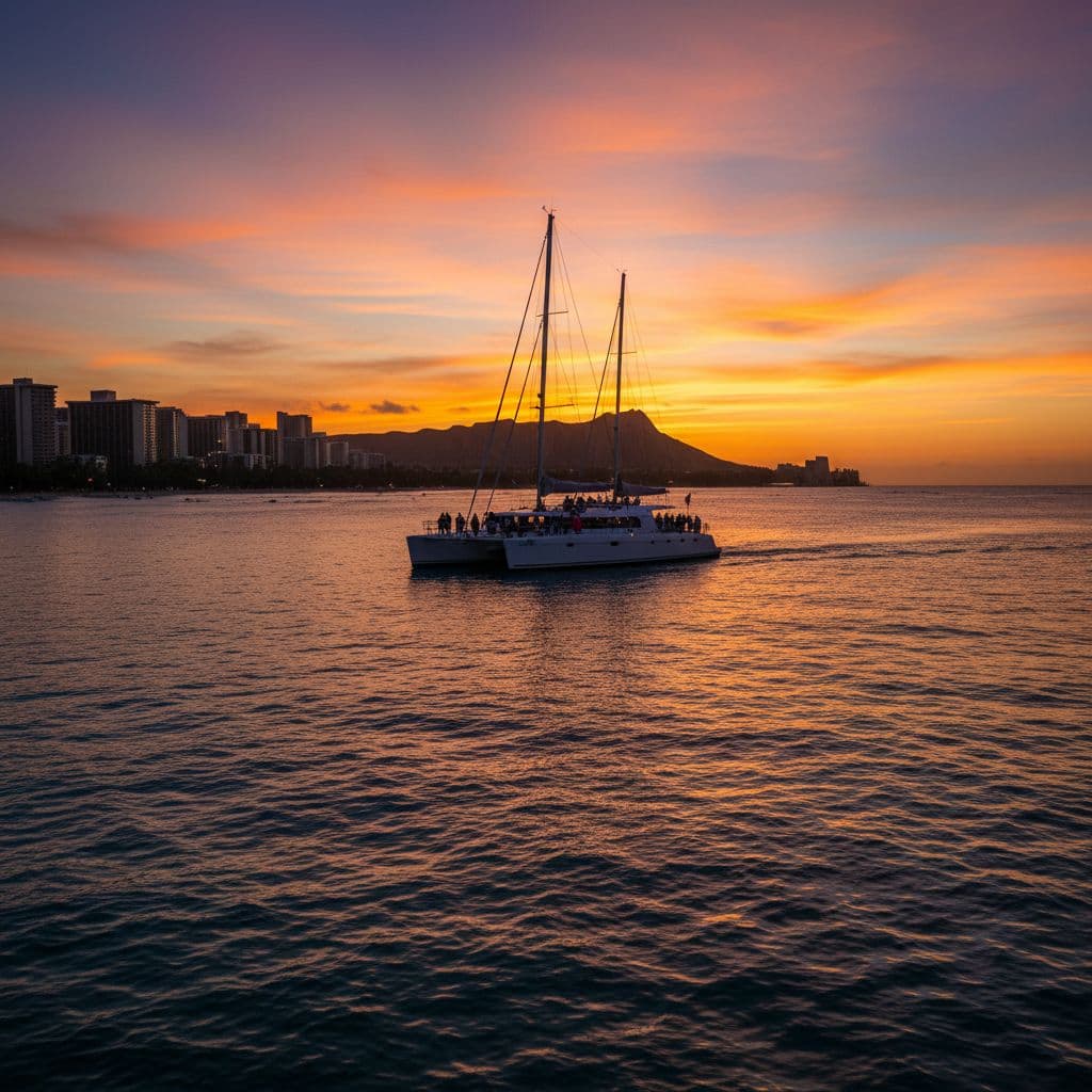 A sleek catamaran glides across calm ocean waters near the Waikiki shoreline. The horizon glows with vibrant shades of orange and purple as the setting sun reflects off the gentle waves.