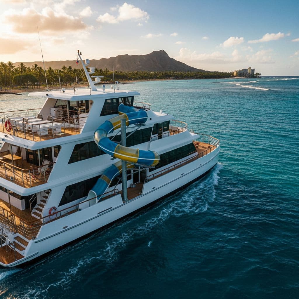A modern catamaran with a large water slide cruises along the sunny, vibrant blue Waikiki coastline.