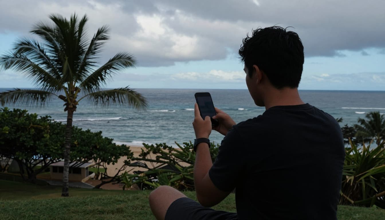 A person in a relaxed pose checks the weather app on their phone at a Waikiki beach overlook, with the ocean and partly cloudy sky in the background, palm trees nearby, captured in cinematic style with strong contrast, depth, and dramatic lighting.