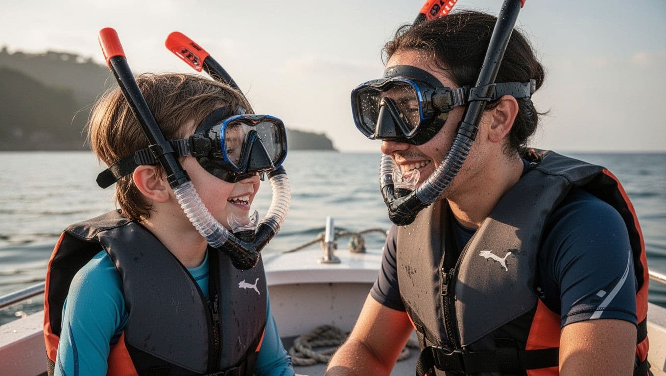 Smiling child and adult wear snorkel masks and life vests on a boat.