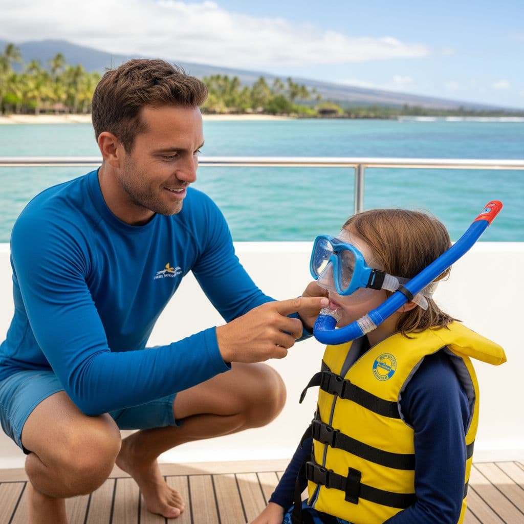 A 7-year-old child wearing snorkel mask and life vest receives safety instructions from a professional guide on a boat deck in a calm Hawaiian ocean, with reassuring smiles and natural light.