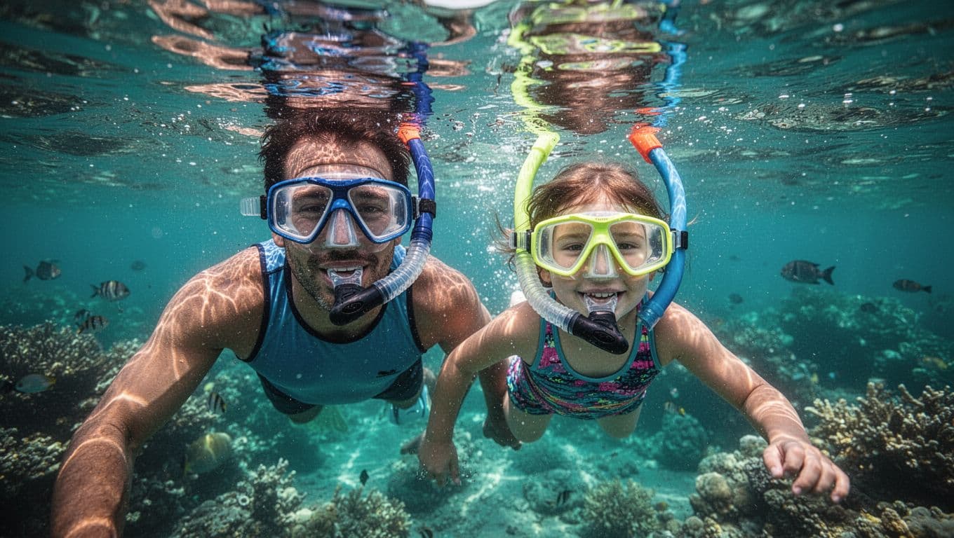 An adult and child practice snorkeling in clear turquoise water.