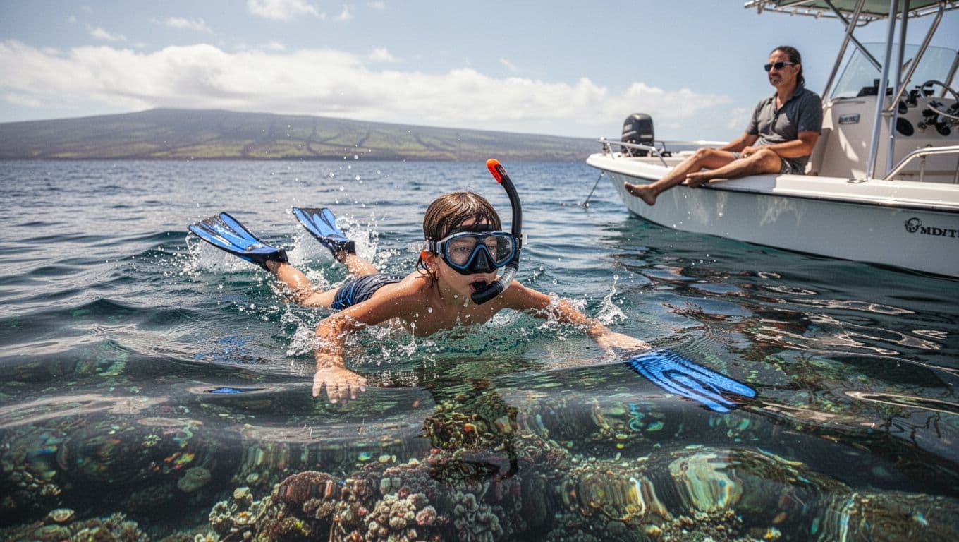 Confident 7-year-old child practices swimming 50 yards in calm clear ocean off Kona, Hawaii, wearing snorkel mask and fins, with parent supervising from nearby boat and reef visible below.