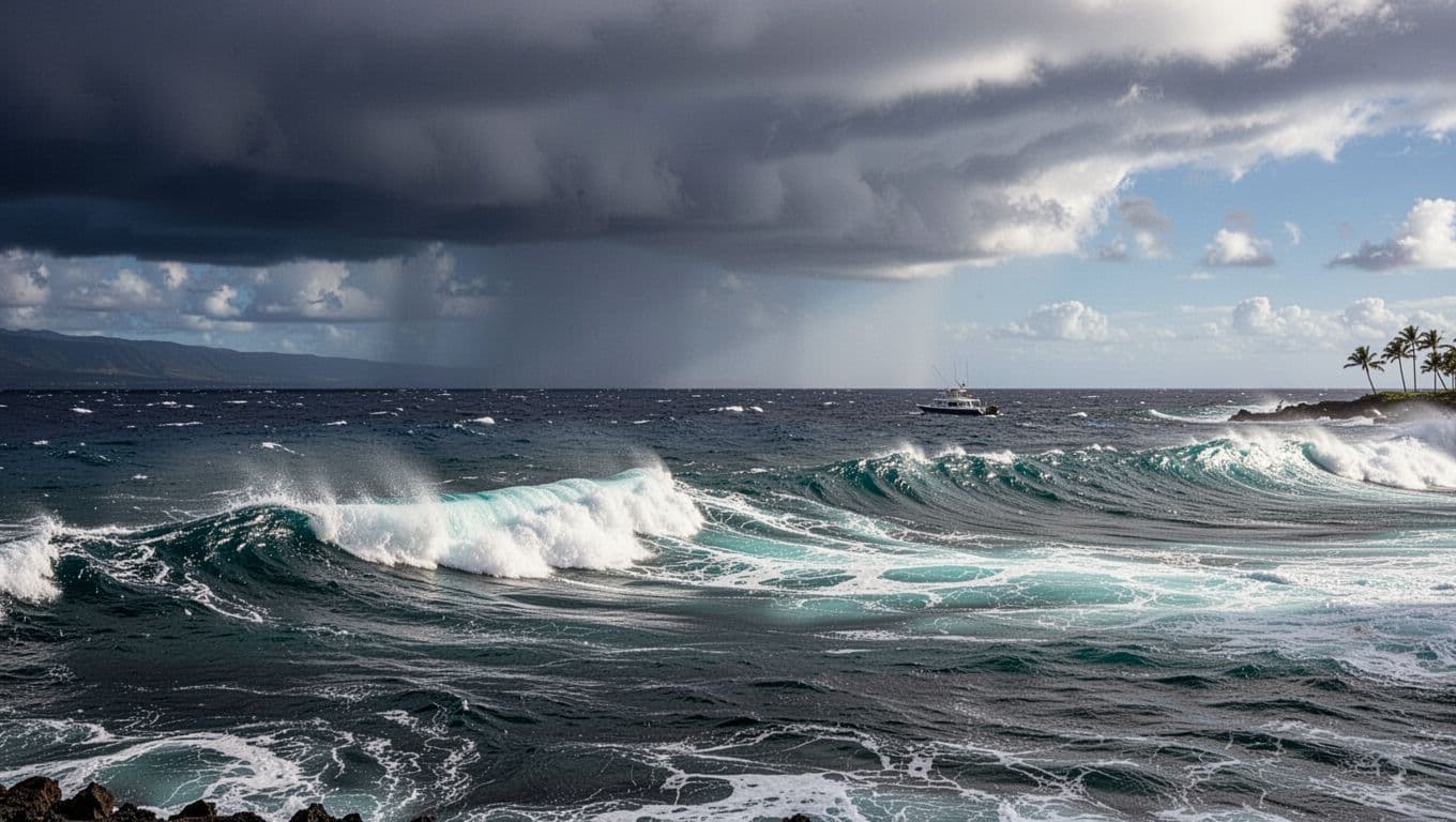 Choppy ocean waves crash near Kona Big Island coast during a passing squall, with a snorkel boat navigating steadily in the distance amid dramatic skies transitioning from deep blues and grays to clearing turquoise.