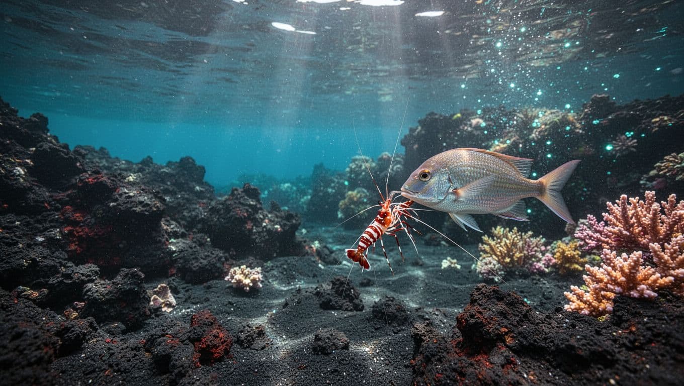 A cleaner shrimp tends a reef fish above coral in clear blue water.