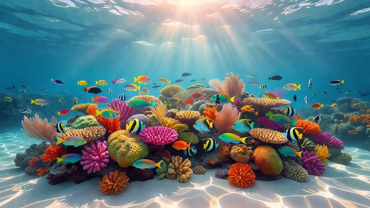 Sunlight rays pierce through crystal clear turquoise water to illuminate a colorful coral reef beneath the ocean surface. Tiny schools of tropical fish drift gracefully above the textured seafloor ecosystem.