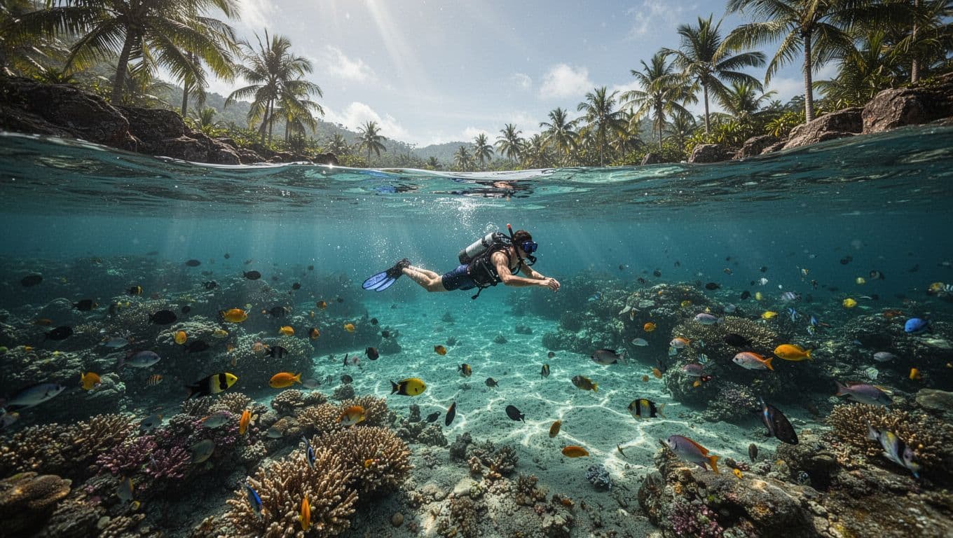 Crystal clear blue water reveals coral reef and colorful fish, snorkeler silhouette at surface, rocky shore with palms.
