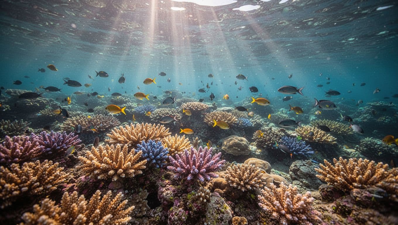 Sunlight filters through clear blue water onto a colorful underwater coral reef.