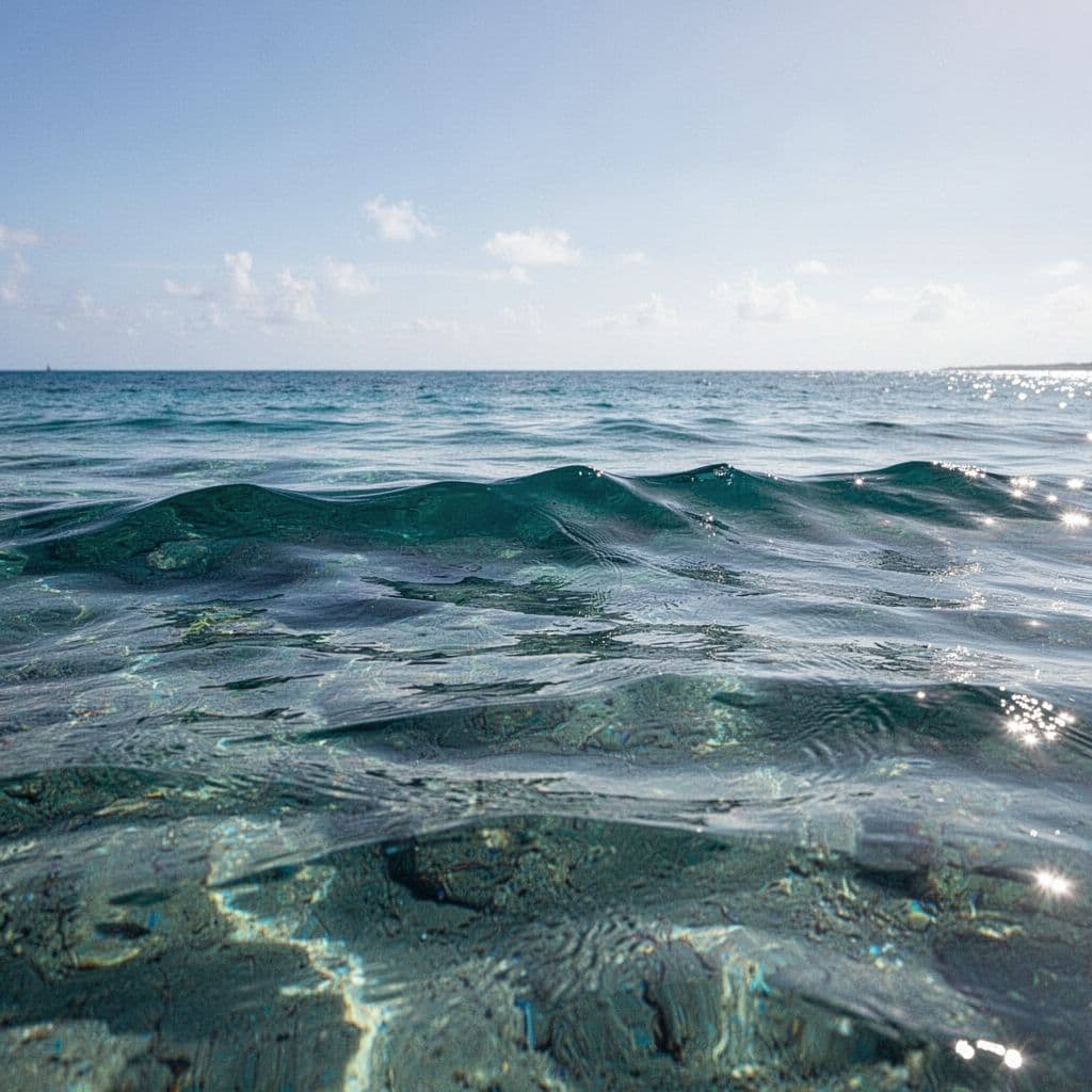 A low-angle view captures the rhythmic motion of crystal clear turquoise waves rolling across the ocean. Sunlight illuminates the deep water, highlighting the gentle peaks and troughs of the moving surface.