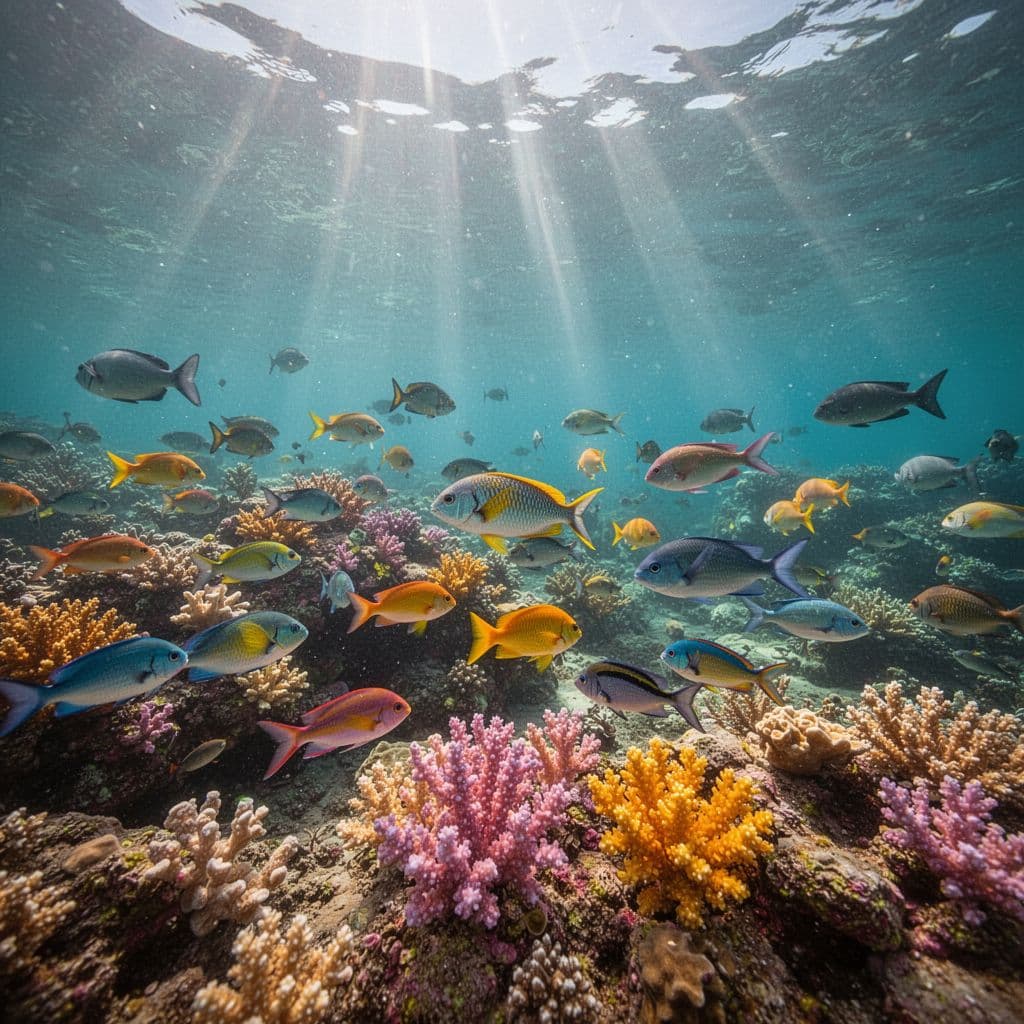 Sunlight filters through calm, clear turquoise water onto a colorful coral reef teeming with small fish.