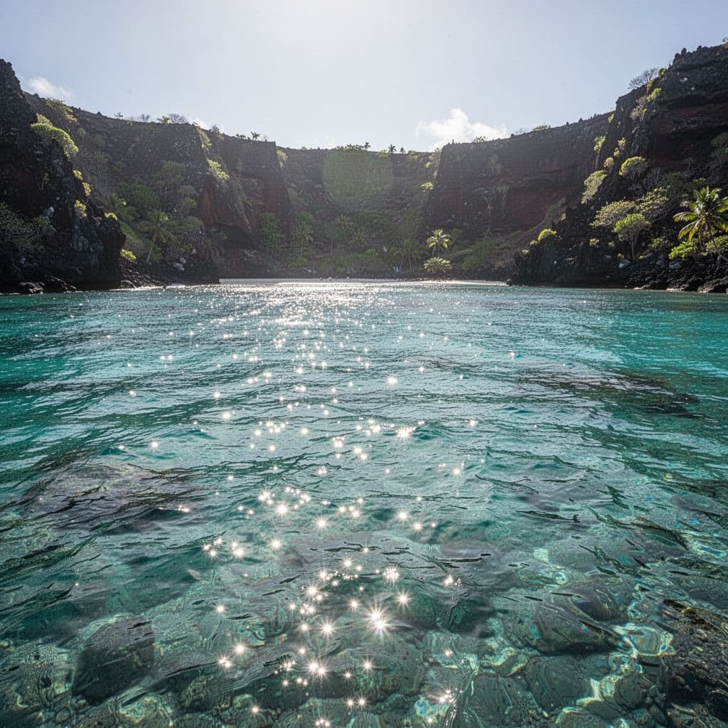 Sparkling clear turquoise water fills a tropical bay framed by rugged volcanic cliffs. Sunlight reflects off the calm surface while the deep sea floor remains visible through the bright cyan water.