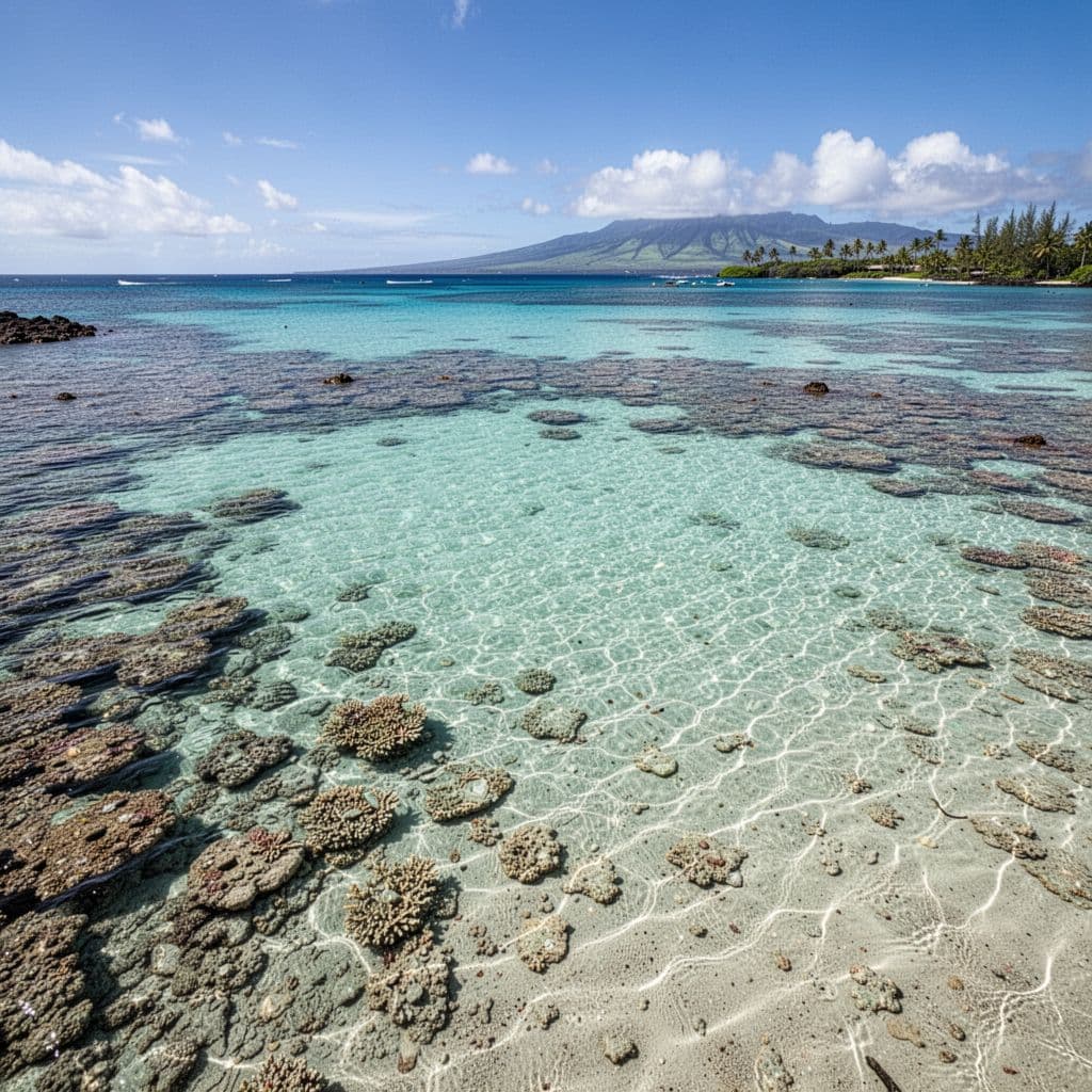 Bright sunlight illuminates the sandy bottom of a peaceful, shallow turquoise lagoon in Hawaii.