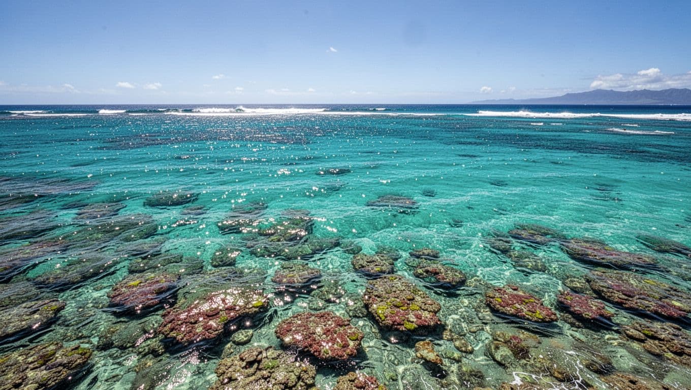 Crystal clear turquoise waves ripple over a submerged rocky reef in shallow Hawaiian coastal waters. The bright sun creates sharp highlights across the vibrant sea floor during a calm afternoon.