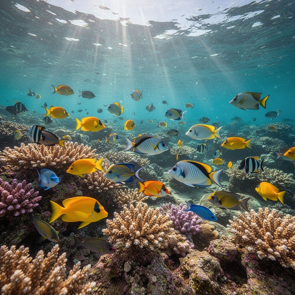 Bright tropical fish swim among colorful coral reefs beneath the clear turquoise waters of Oahu.