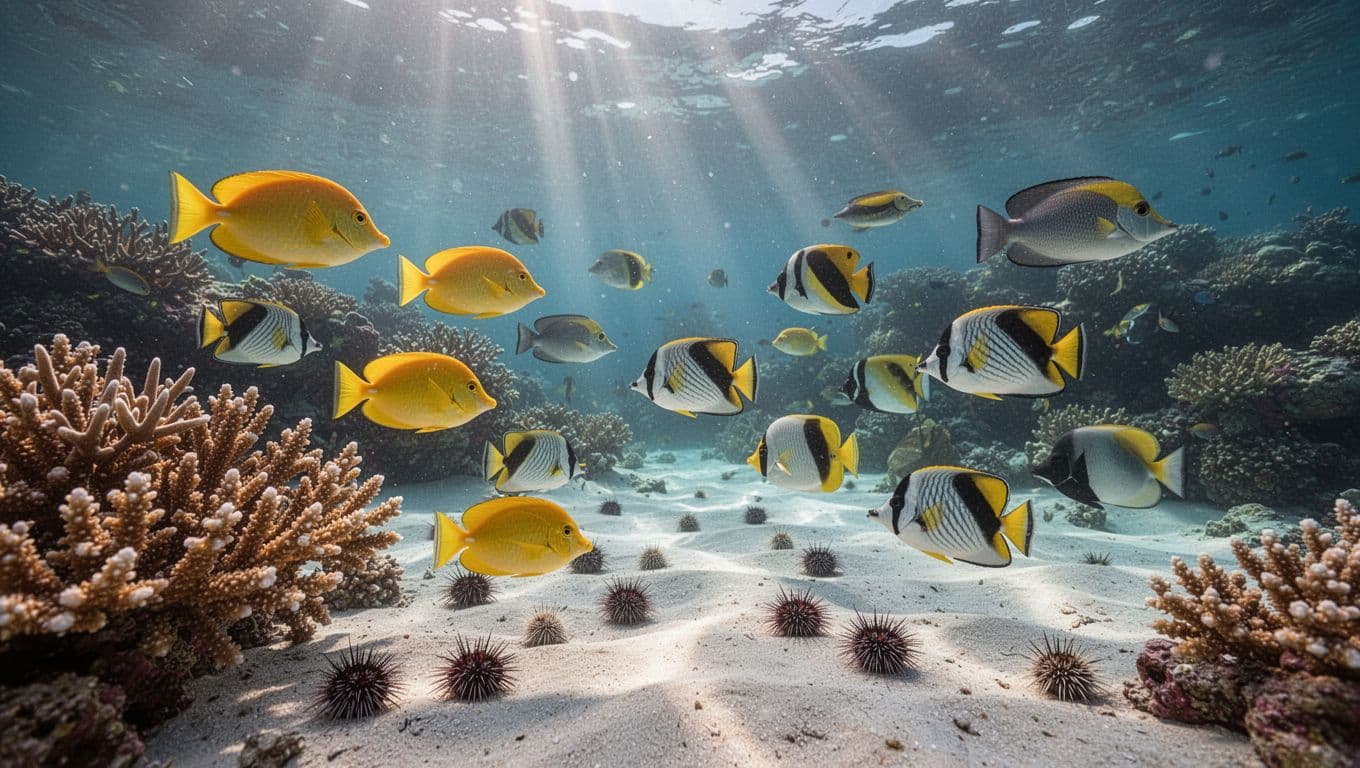 Close underwater view of colorful yellow tangs, convict tangs, and butterflyfish swimming near branching coral and sea urchins in clear waters at Queens Beach, Waikiki, with dramatic sunlight rays piercing from the surface.