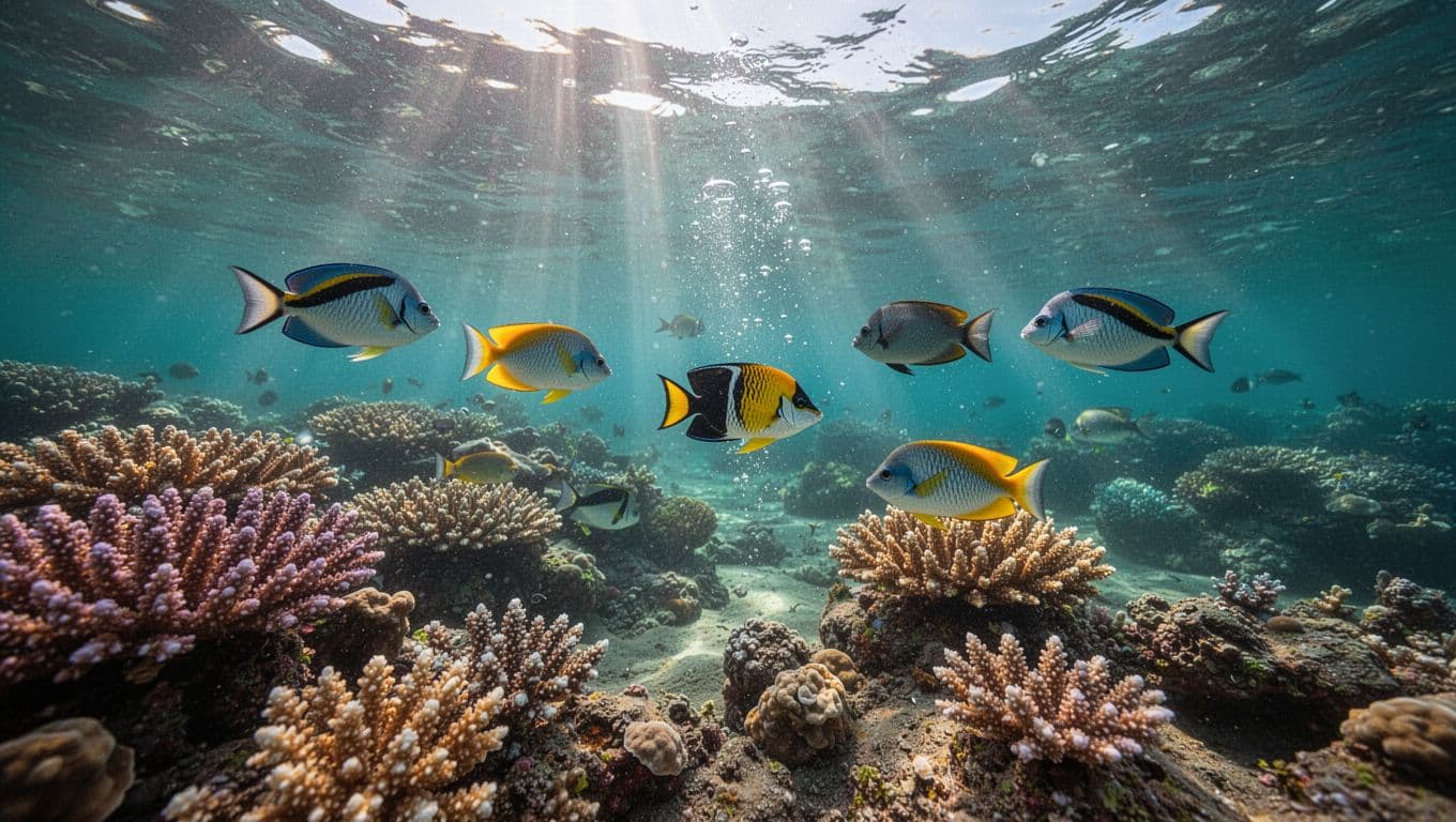 Colorful tropical reef fish in small groups of exactly five school around coral formations in shallow turquoise waters off Waikiki, Oahu, during a boat tour snorkel, with sunlight shafts, bubbles, and surface ripples for dramatic cinematic contrast.
