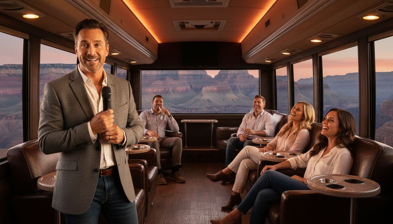 A professional comedian guide holds a microphone loosely in both hands, entertaining four seated tourists inside a luxury bus with the Grand Canyon visible through large windows under warm lighting.