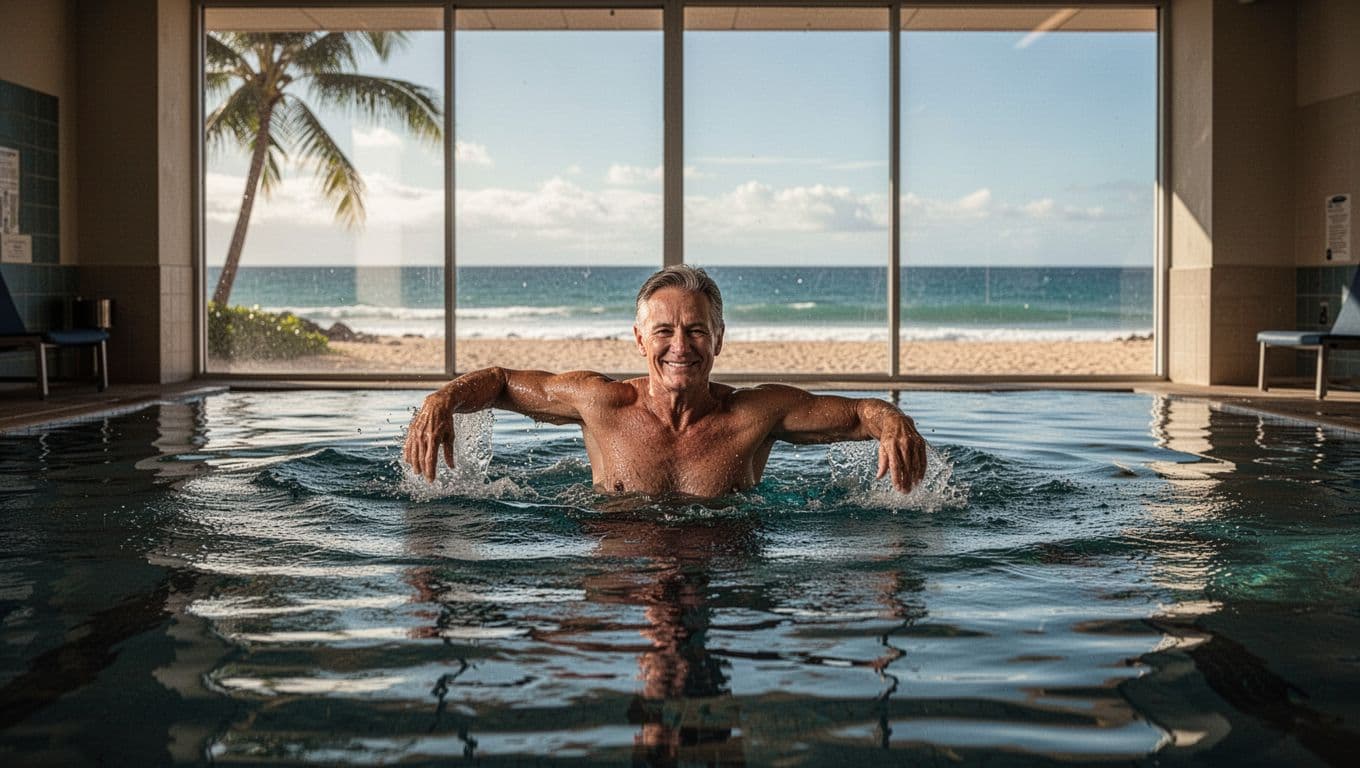 Adult in their 40s learning basic swim strokes in a calm indoor pool with large windows showing Oahu beach and ocean, confident smile, focused on freestyle arm pull, cinematic style.