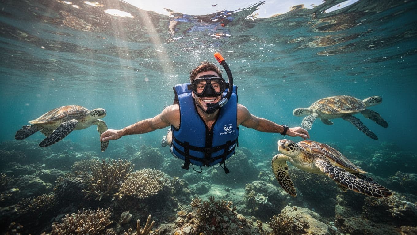A single confident swimmer in a properly fitted inflated snorkel vest snorkels relaxed in calm turquoise Oahu waters near a coral reef, smiling with head above water as Hawaiian green sea turtles swim nearby below the surface.