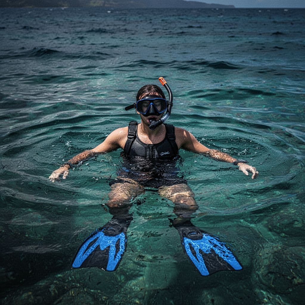 A confident swimmer effortlessly treads water in calm turquoise ocean waters off Big Island, Hawaii, wearing snorkel mask and fins with relaxed arm and leg movements. Cinematic style features strong contrast, depth, and dramatic lighting with turquoise accents on water and gear.